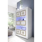 Vetrina 4 ante, bianco lucido con serigrafia dorata, Made in Italy