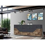 Conveniente Credenza geometrica 4 ante e 3 cassetti, colore Ardesia e Pero