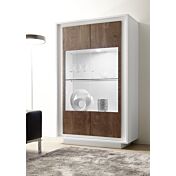 Vetrina Design Moderno, 4 ante Alta, Bianco Opaco con frontali Cognac
