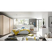 Camera moderna completa in finitura Noce Biondo, Orzo ed ecopelle bianca