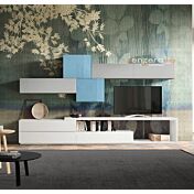 Parete attrezzata Isagel in finitura Bianco frassinato, Grigio opaco e Vetro azzurro