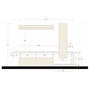 Parete attrezzata con 1 pensile verticale, una ribalta e una mensola in finitura bianco laccato lucido e pero