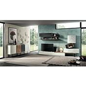 Soggiorno Delfino composto da parete attrezzata e madia in finitura Bianco Calce, Rovere nordico, Vetro marmo white e Vetro antracite