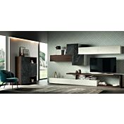 Madia moderna Cuore con 3 ante in finitura Bianco calce, Quercia brown e Vetro marmo dark