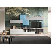 Parete attrezzata Isagel in finitura Bianco frassinato, Grigio opaco e Vetro azzurro