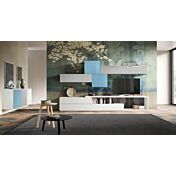 Madia sospesa Spe con 3 ante in finitura Frassinato bianco, Vetro azzurro e Grigio opaco