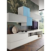 Parete attrezzata Isagel in finitura Bianco frassinato, Grigio opaco e Vetro azzurro