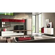 Soggiorno moderno Zenzero, parete attrezzata Arkas in finitura Frassinato bianco, Rovere Nordico, Terra opaco e Vetro Rosso