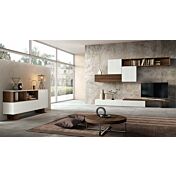 Soggiorno moderno Pacman con parete attrezzta e madia a 2 ante in finitura Bianco frassinato e Quercia brown