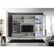 Parete attrezzata con vetrina e libreria in finitura grigia e bianco lucido