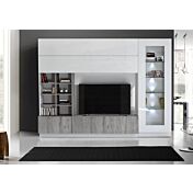 Parete attrezzata con vetrina e libreria in finitura grigia e bianco lucido