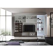 Parete attrezzata con vetrina e libreria in finitura wengè e bianco lucido