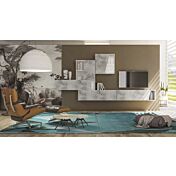 Parete attrezzata Bianco Frassinato con frontali in finitura Cemento, Made in Italy