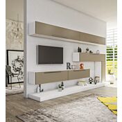 Parete attrezzata finitura Bianco Frassino, elementi sospesi e in appoggio con frontali in finitura Visone Zenzero Shop