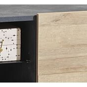 Porta Tv industry con una ribalta, un'anta e un ripiano in finitura Antracite e Rovere