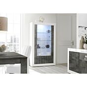 Vetrina moderna con 3 ripiani in vetro e 2 ante, finitura Bianca Lucida e Ossido