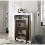 Madia alta moderna, 2 ante, finitura Bianco Lucido e Noce Dark