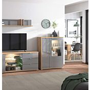 Vetrina bassa con ante vetro grigio, finitura Grafite e Rovere