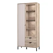 Vetrina di tendenza con due cassetti, ripiani e un'anta in finitura Rovere grigio 