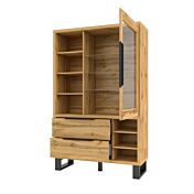 Vetrina moderna 1 anta 2 cassetti, finitura quercia e metallo nero