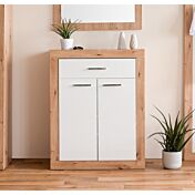 Scarpiera moderna, 2 ante 1 cassetto, in finitura bianco lucido e artisan oak