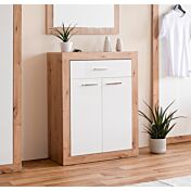 Scarpiera moderna, 2 ante 1 cassetto, in finitura bianco lucido e artisan oak