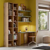 Zona studio per ragazzi con scrivania e libreria, Noce biondo e Agave