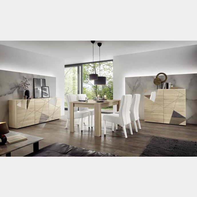 Soggiorno moderno con 2 madie e un tavolo  in finitura Rovere samoa con specchi