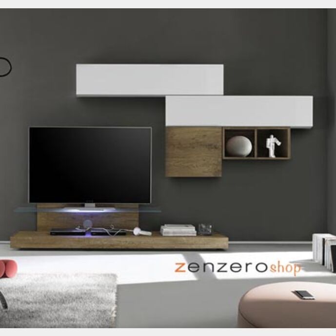 Parete attrezzata moderna di design, rovere miele e bianco lucido - 249x190 cm Zenzero Shop