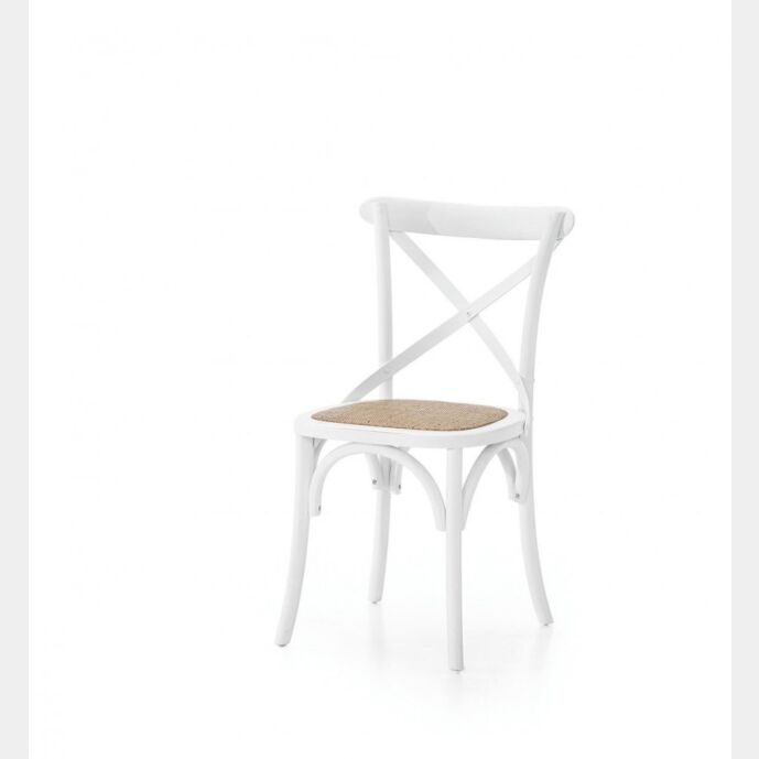 Sedia vintage in olmo laccato bianco con seduta in rattan naturale