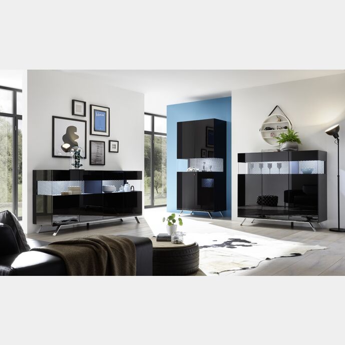 Sala completa moderna, nera lucida, piedino in ferro
