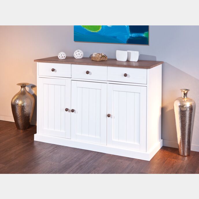 Madia tre ante, tre cassetti in legno massiccio e bianco