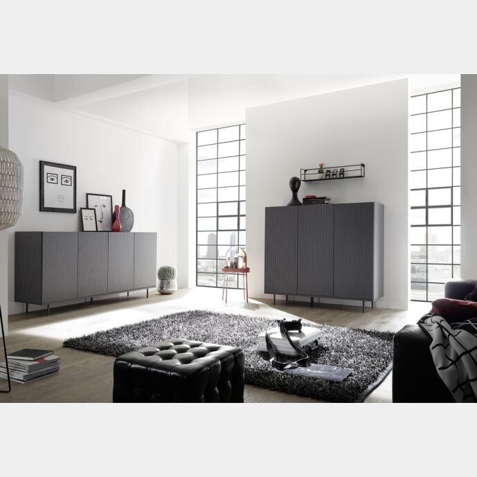 Sala moderna composta da Madia 2 e 3 ante, finitura grigio gessato