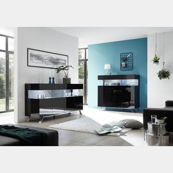 Sala moderna composta da Madia 2 e 3 ante, finitura nero lucido, piedino in ferro