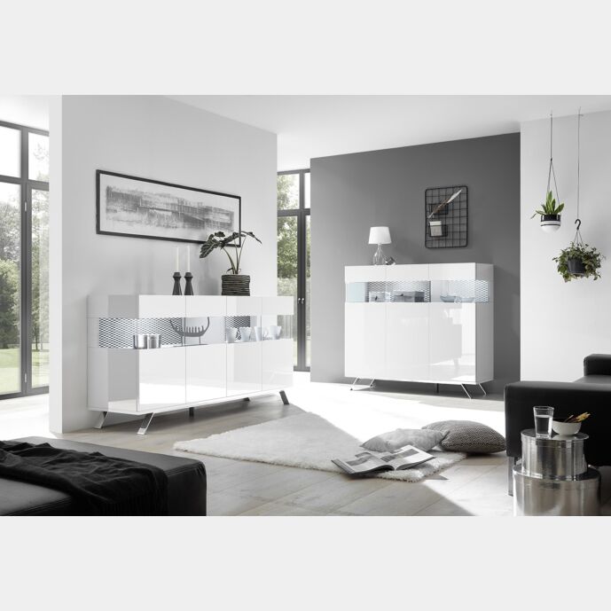 Sala moderna composta da Madia 2 e 3 ante, finitura bianco lucido, piedino in ferro e interni bianchi opachi