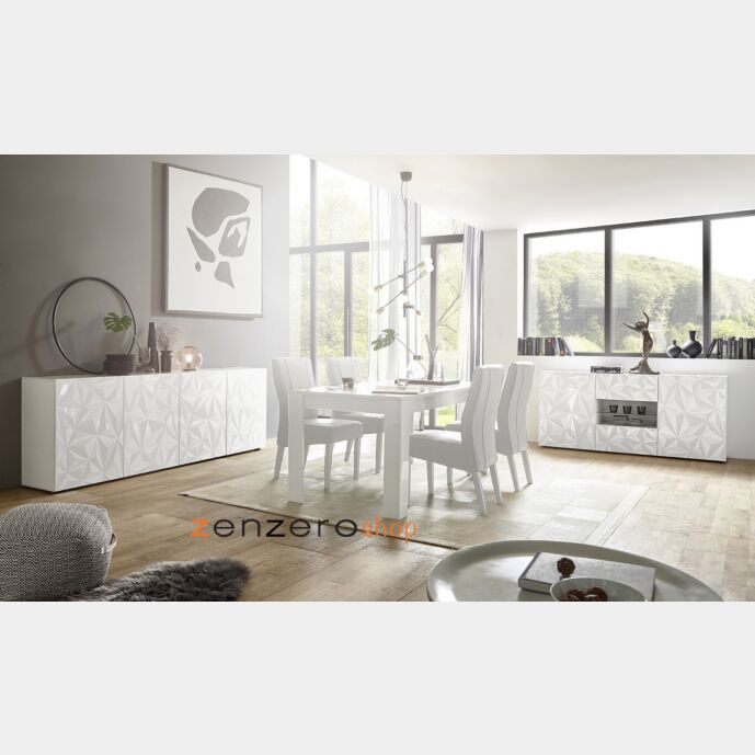 Sala moderna completa di tavolo, madia 4 ante e madia 2 ante 2 cassetti, finitura bianca serigrafata
