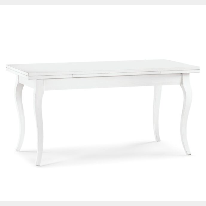 Tavolo allungabile in legno con gambe a sciabola, bianco opaco, arte povera