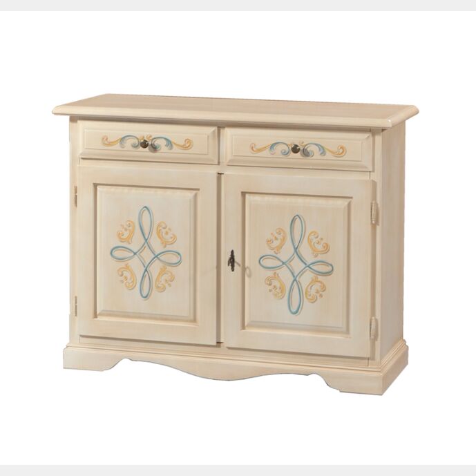 Credenza in legno finitura avorio pennellato con decori, 2 porte e 2 cassetti 105x86