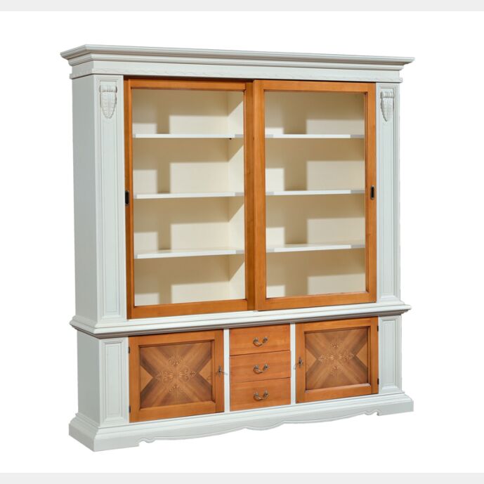 Libreria classica in finitura Avorio e Noce grano