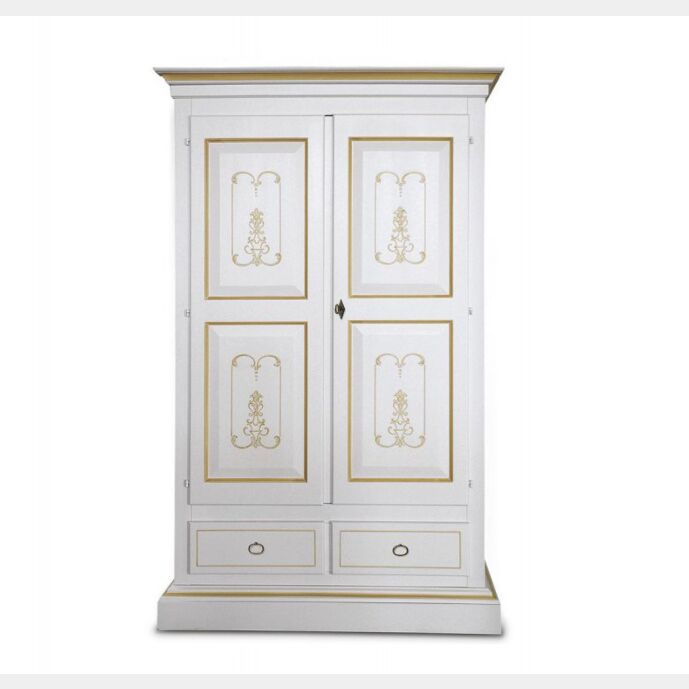 Armadio in legno, laccato bianco, con filetti ocra, cappello dritto - maniglie anticate
