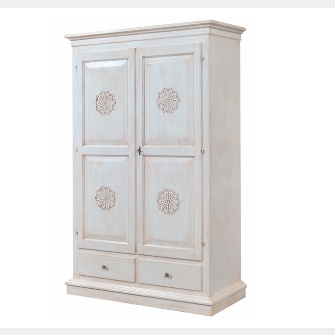 Armadio 2 porte intagliato, colore Bianco invecchiato