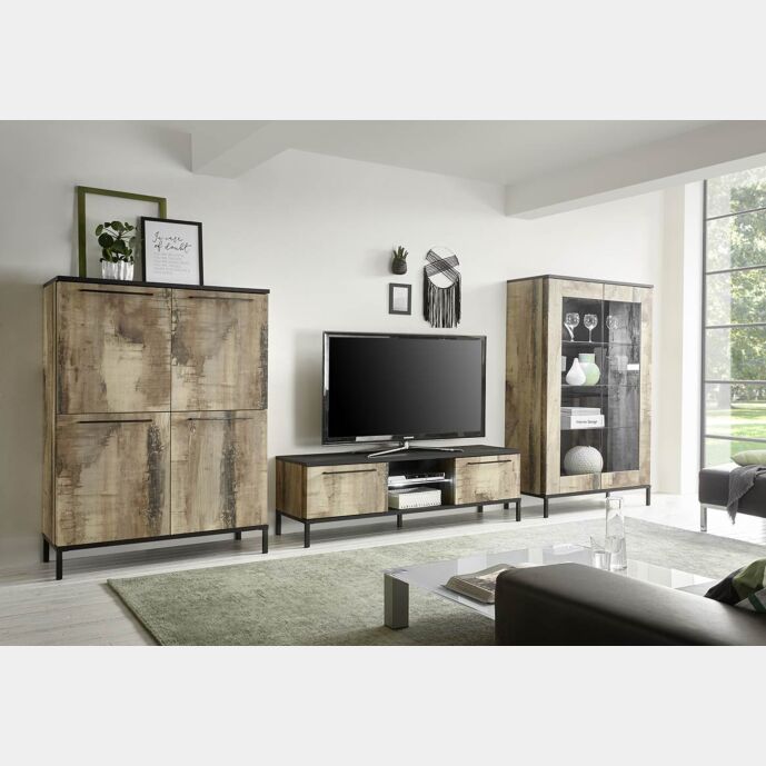 Soggiorno Industry con madia 4 ante, porta tv e vetrina in finitura nero bruciato e pero