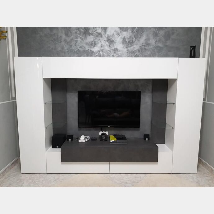 ACQUISTA ANCHE TU Parete attrezzata moderna, con pensile vasistas, mensole in vetro, finitura bianco lucido e ardesia