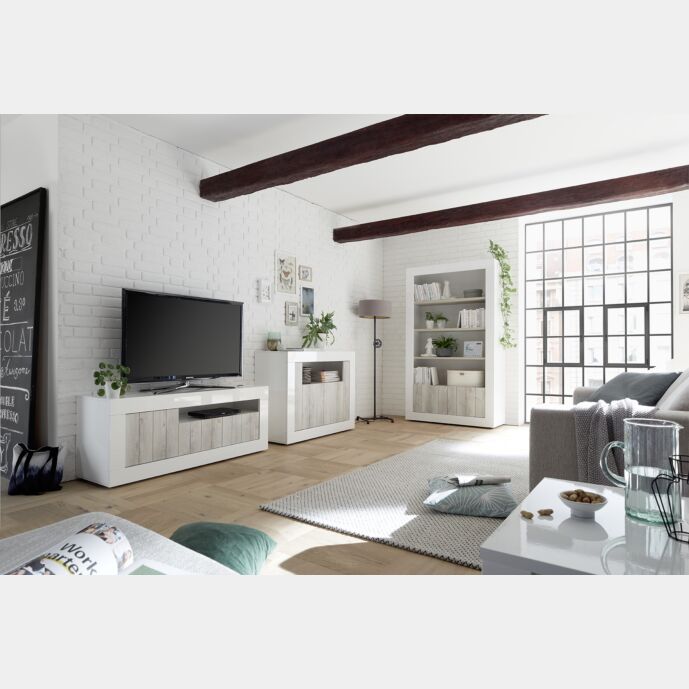 Soggiorno moderno completo con Porta TV, Madia e Libreria, finitura Bianco Lucido e Pino bianco