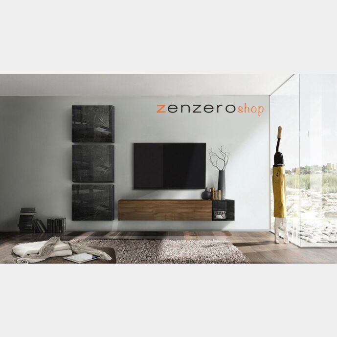 Soggiorno Zenzero moderno, parete attrezzata moderna scontata, finitura Mercure e Marmo Nero Lucido