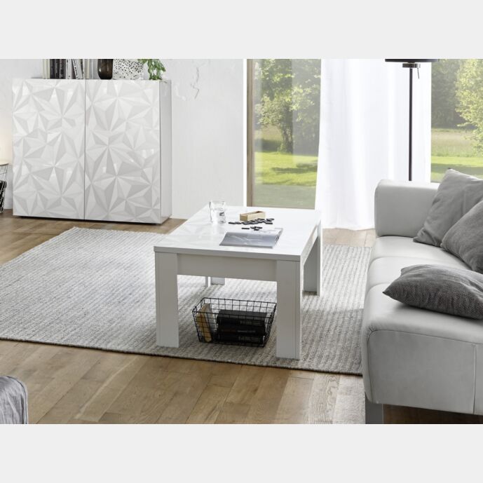 Tavolino da salotto, moderno in finitura bianca con serigrafia prismatica
