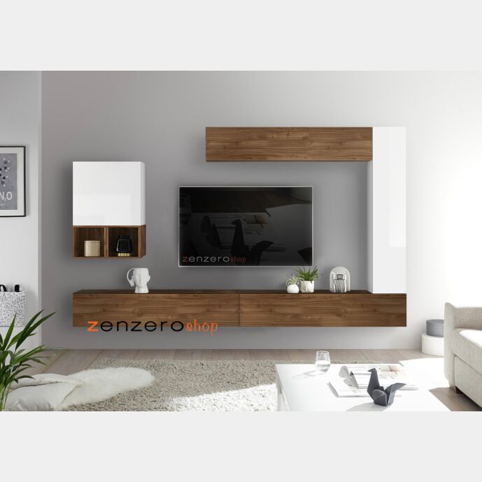 Soggiorno Zenzero, parete attrezzata con con ribalte, pensili, cubi e vani a giorno, bianco lucido, mercure e noce dark