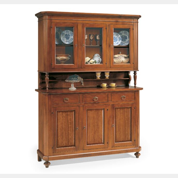 Cristalliera a 3 porte in legno finitura lucido noce arte povera