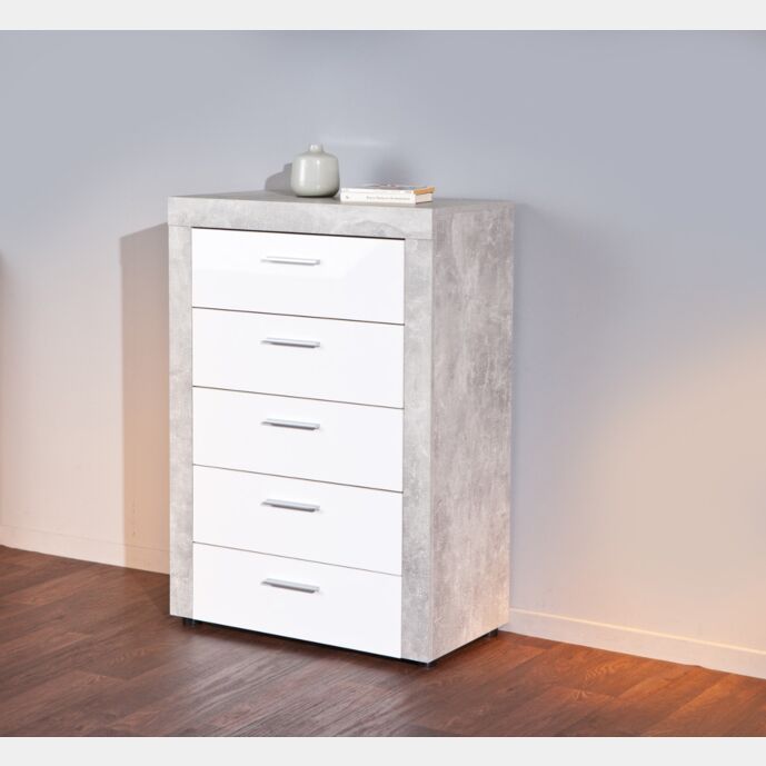 Settimino Moderno di Design, colore cemento e bianco lucido, composto da 5 cassetti