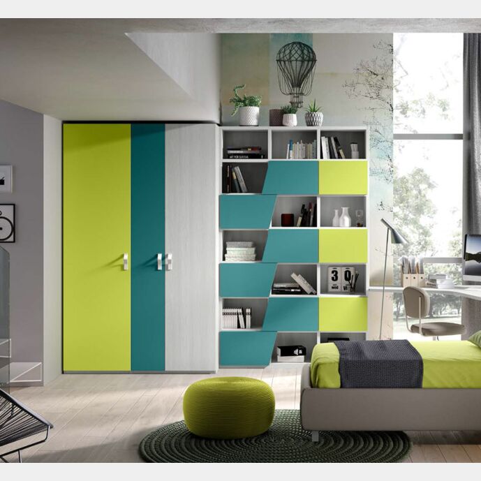 Armadio per camerette con 3 ante battenti in finitura Olmo bianco, Verde acido LACCATO e Petrolio LACCATO